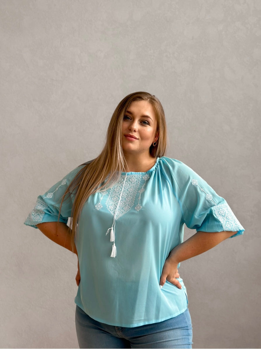 Chiffon embroidered blouse "Ukrainka", blue