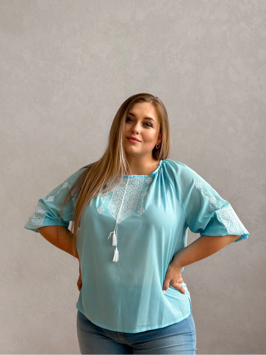 Chiffon embroidered blouse "Ukrainka", blue