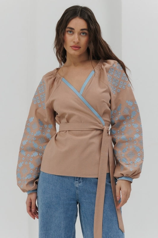 Embroidered blouse “Kimono”, beige/blue