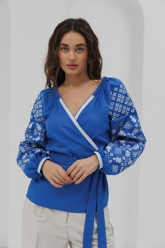 Embroidered blouse “Kimono”, blue/white